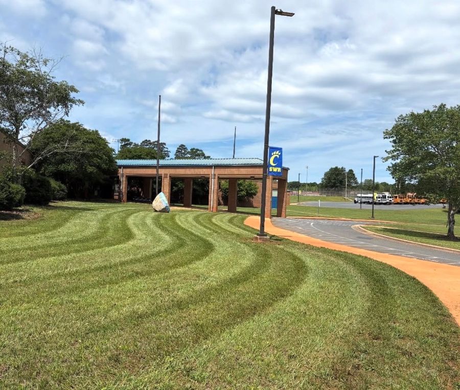 Curved mowing stripes on a property maintained by Alcazar Lawncare Services